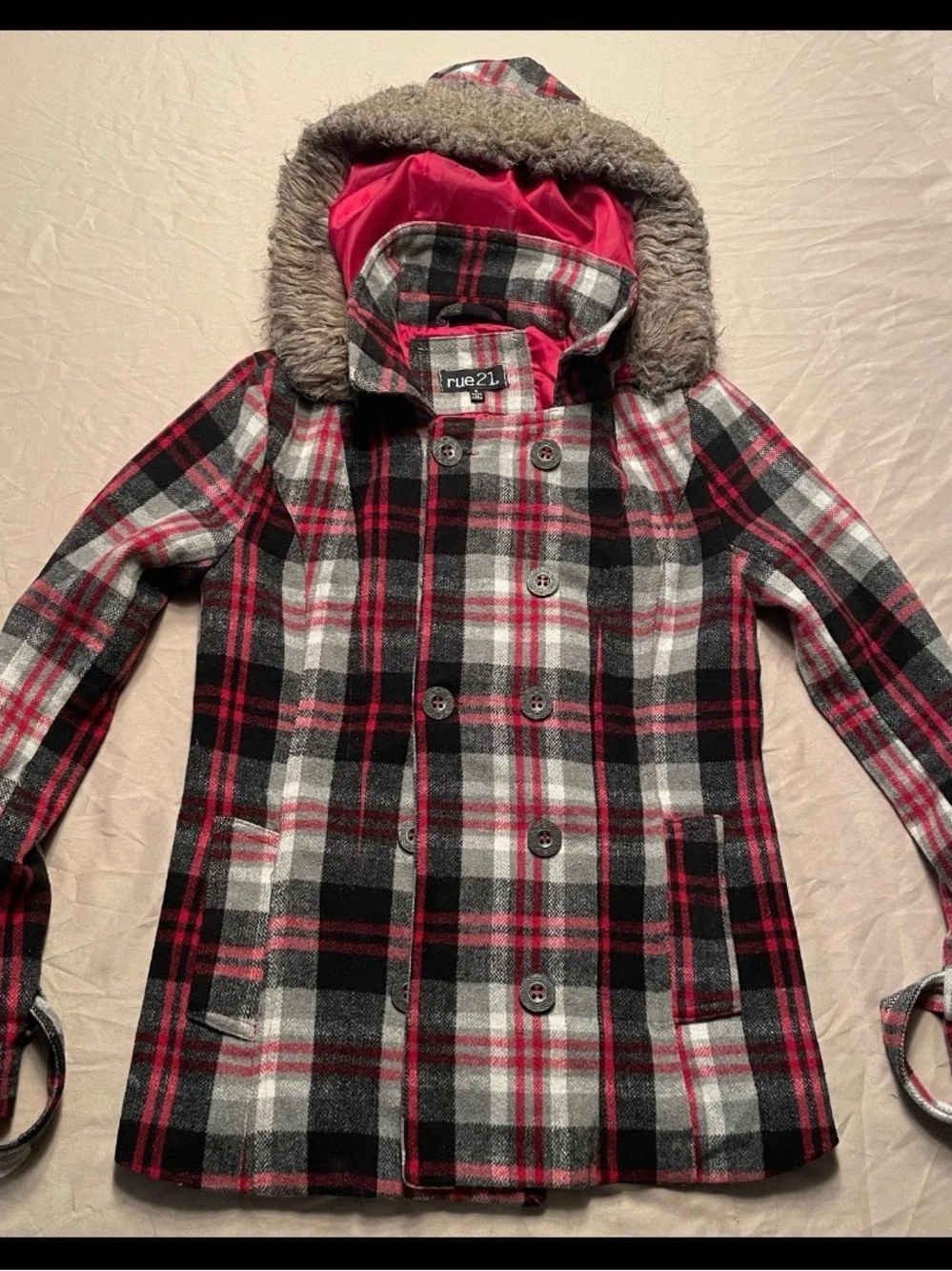 Rue21 Plaid Pea Coat Womens Small Faux Fur-Trimmed Hood